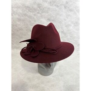 Newport News Womens Burgundy 100% Wool Fedora Hat with Flower Detail Wine Red